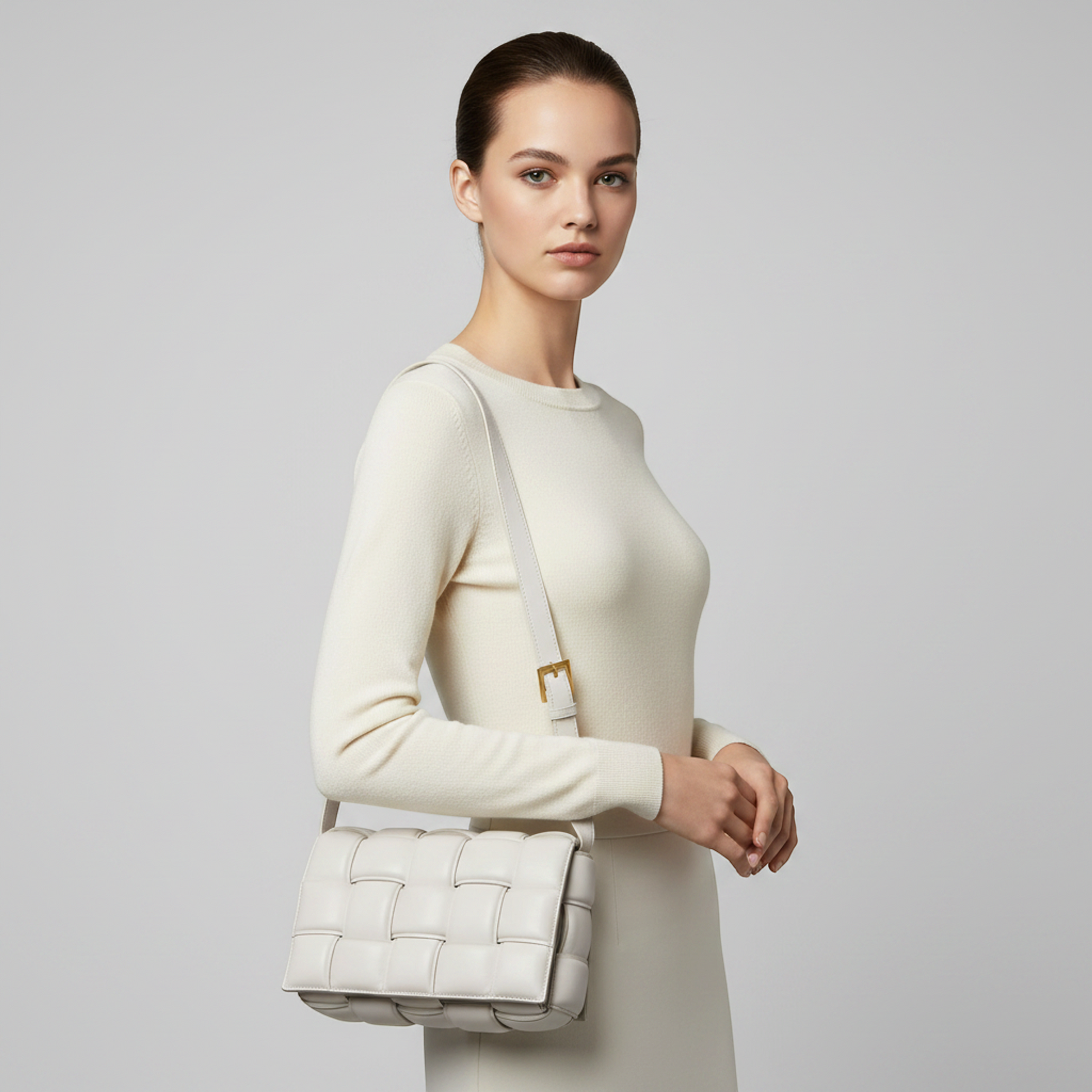 Bottega Veneta Intrecciato Padded Cassette 591970 Women's Leather Shoulder Bag Off-white