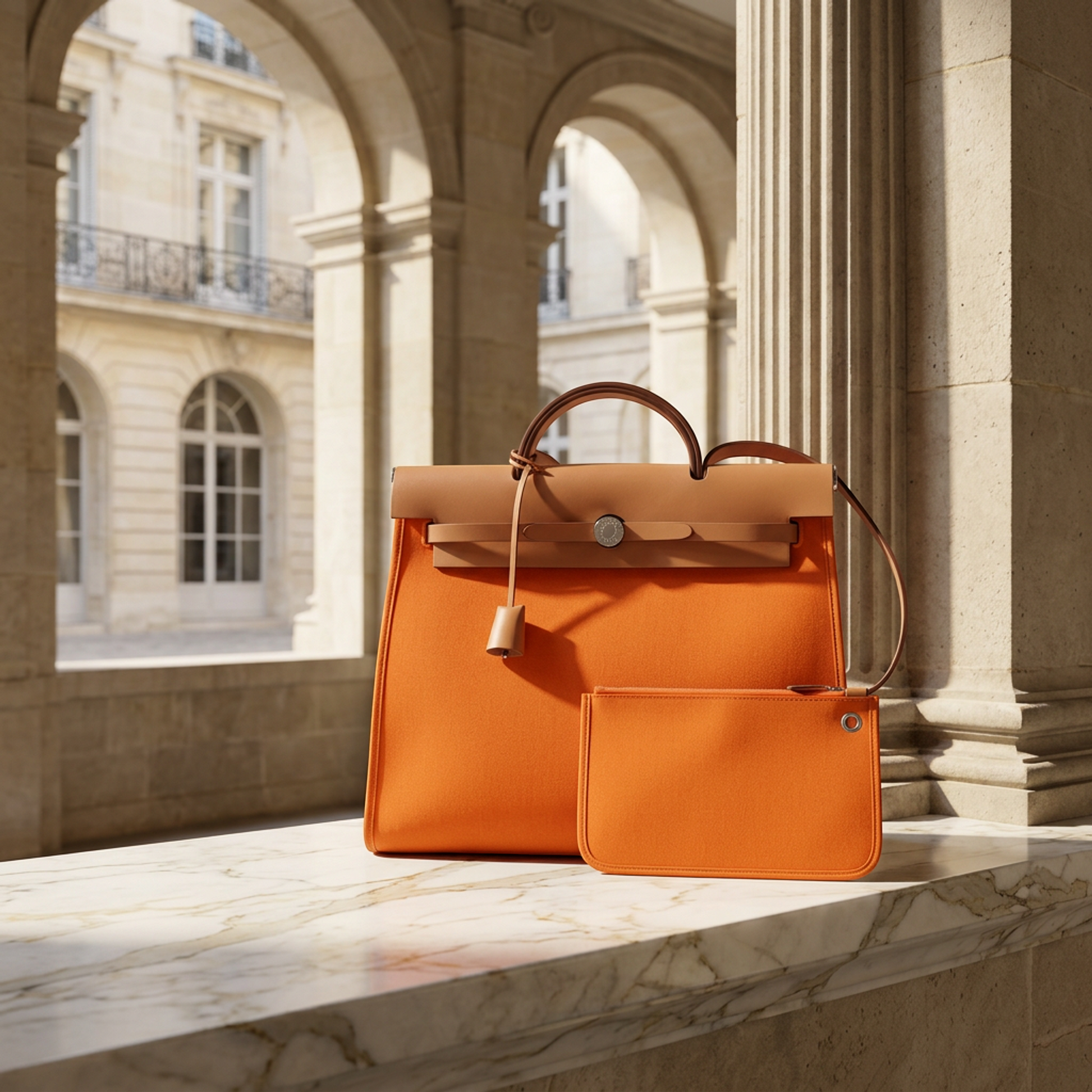 Hermes Her Bag Zip MM Men,Women Toile Officier,Leather Handbag,Shoulder Bag Beige,Orange