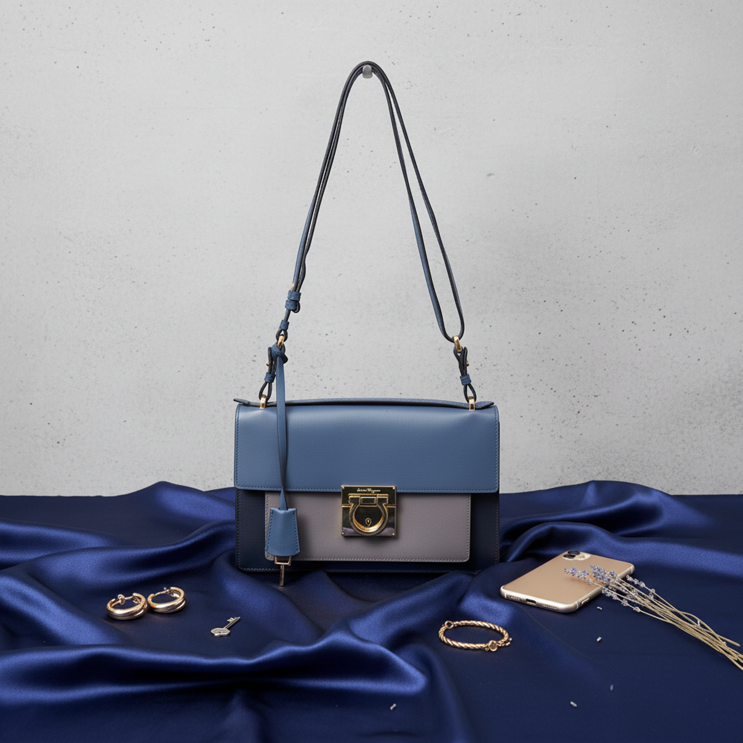 Salvatore Ferragamo Gancini AB-21 G179 Women's Leather Handbag,Shoulder Bag Blue,Gray
