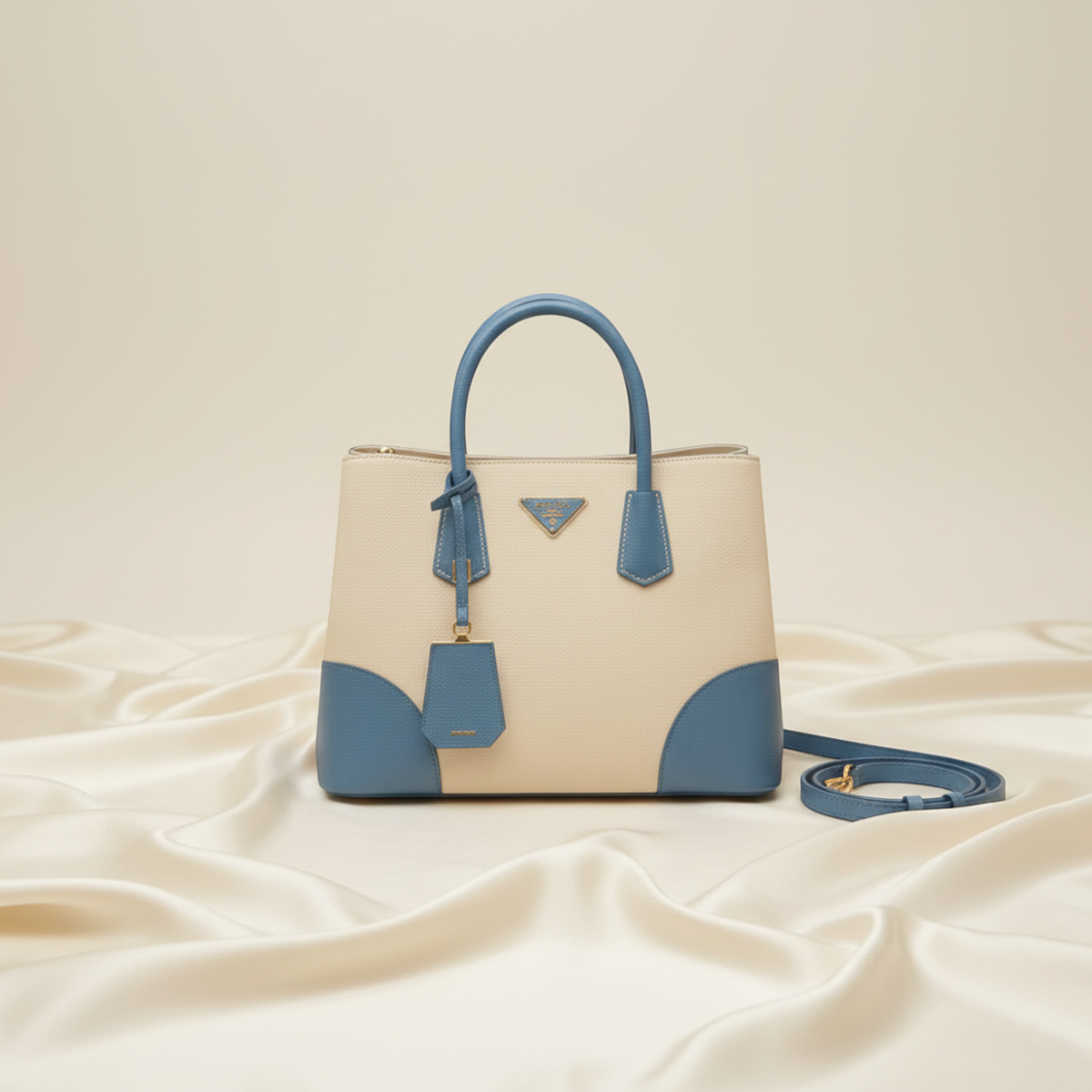 Prada Saffiano Double Bag Medium BN2775 Women's Canvas,Leather Handbag,Shoulder Bag Blue,Light Beige