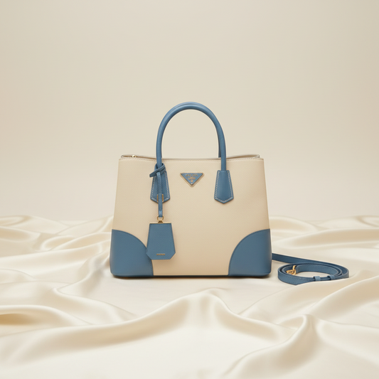 Prada Saffiano Double Bag Medium BN2775 Women's Canvas,Leather Handbag,Shoulder Bag Blue,Light Beige