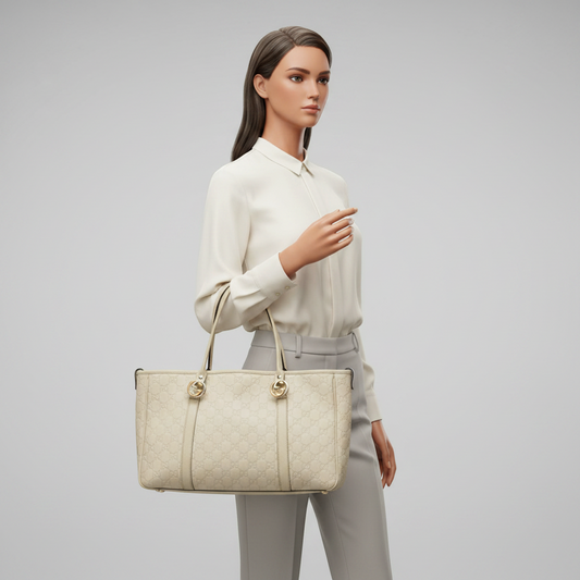 Gucci Guccissima GG Twins 232957 Women's Leather Tote Bag Off-white