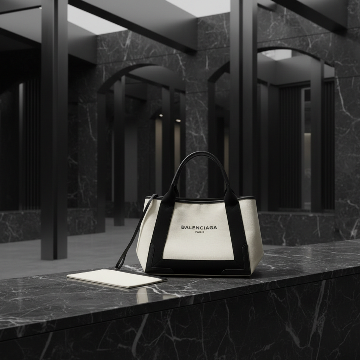 Balenciaga Navy Cabas S 339933 Women's Canvas,Leather Handbag Black,Off-white