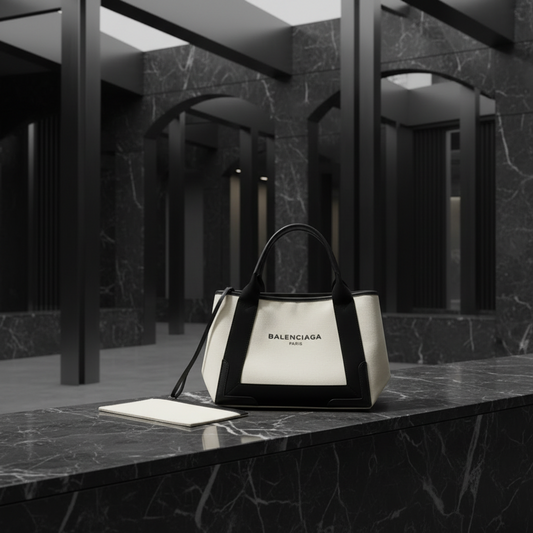 Balenciaga Navy Cabas S 339933 Women's Canvas,Leather Handbag Black,Off-white