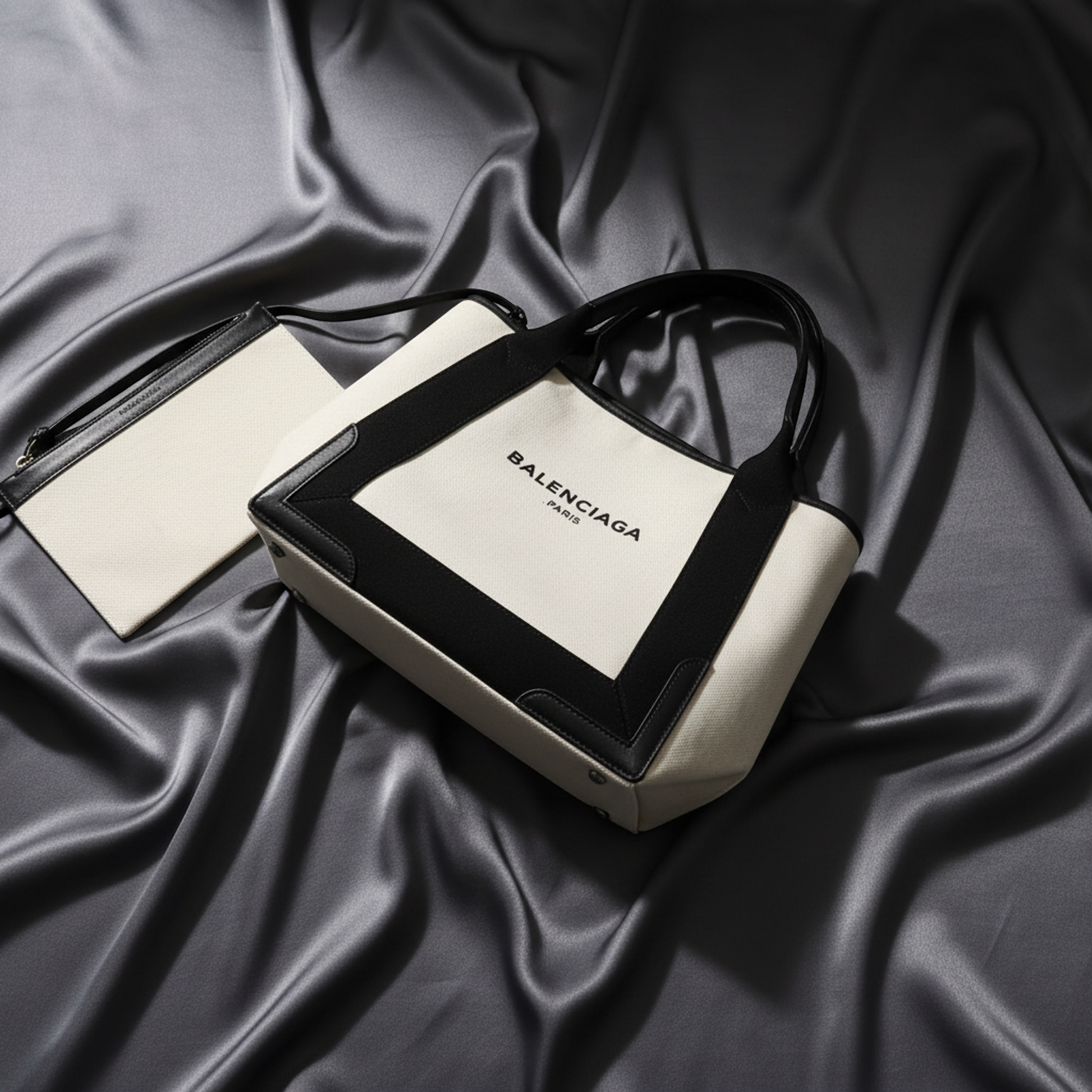 Balenciaga Navy Cabas S 339933 Women's Canvas,Leather Handbag Black,Off-white