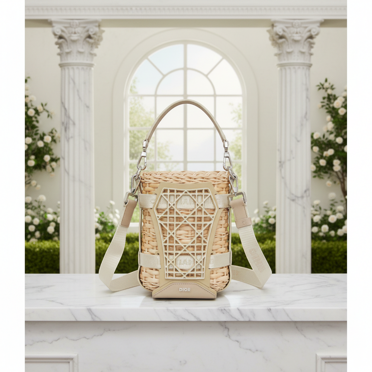 Christian Dior Sahara Basket Bag Women's Rattan,Leather Shoulder Bag Beige