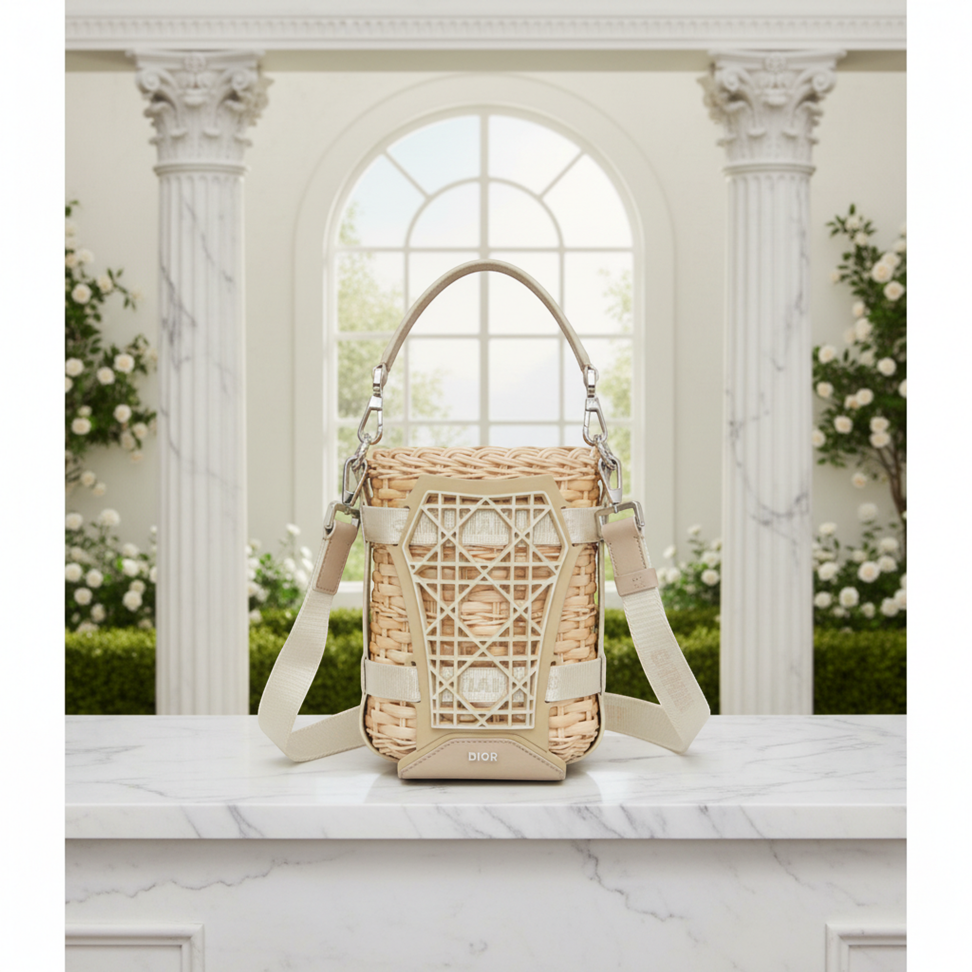 Christian Dior Sahara Basket Bag Women's Rattan,Leather Shoulder Bag Beige