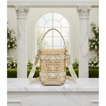 Christian Dior Sahara Basket Bag Women's Rattan,Leather Shoulder Bag Beige