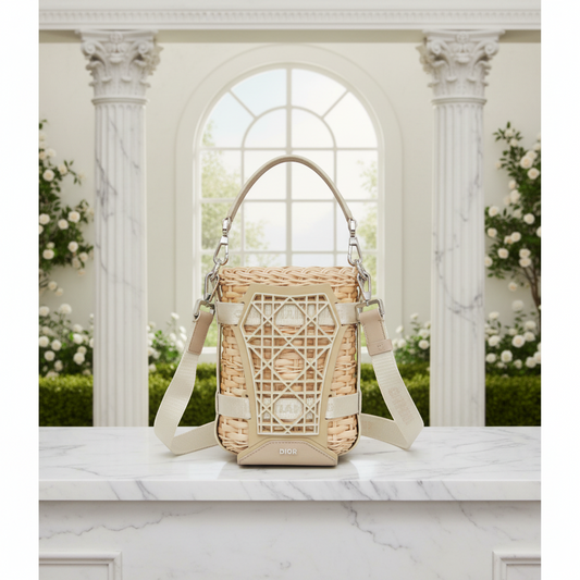 Christian Dior Sahara Basket Bag Women's Rattan,Leather Shoulder Bag Beige