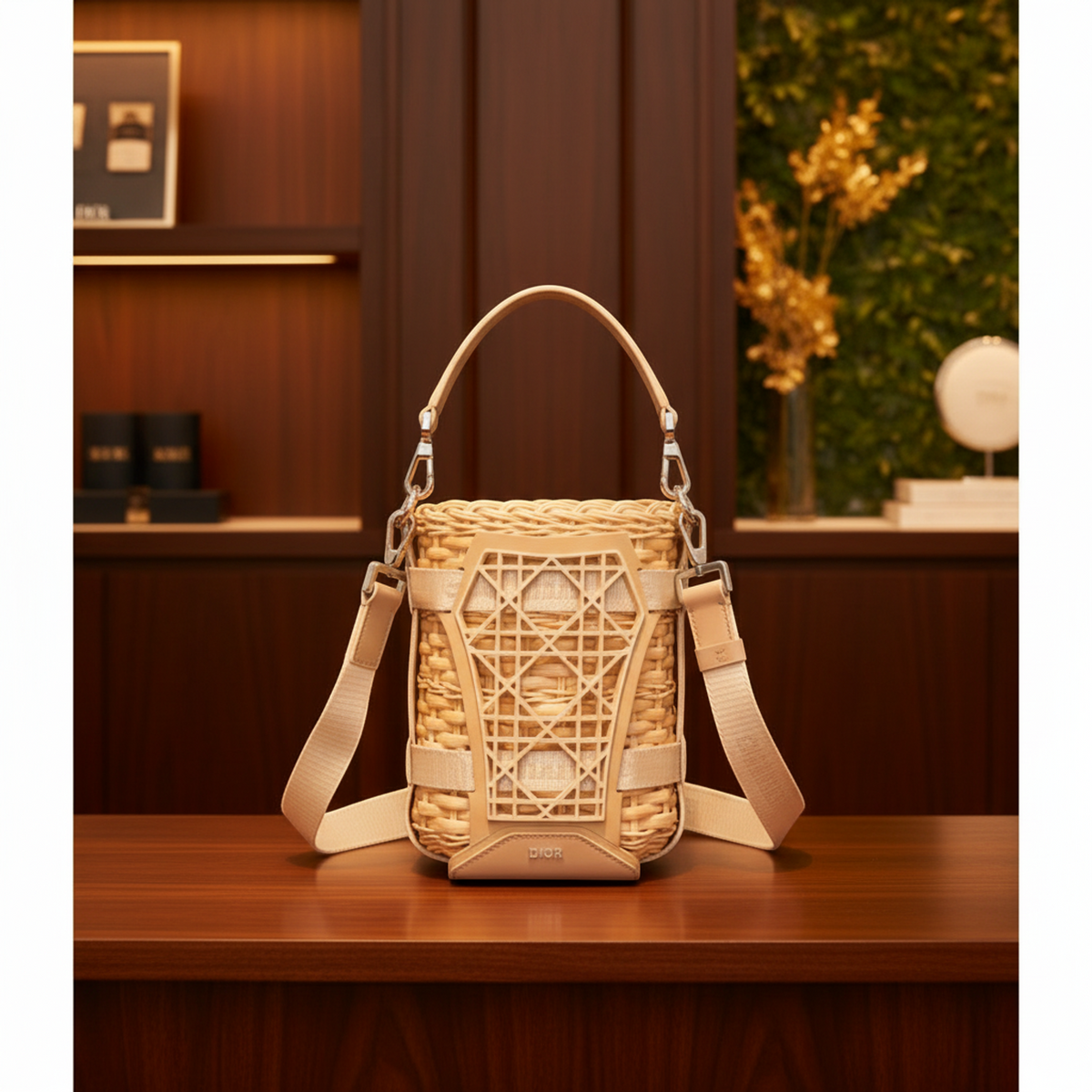 Christian Dior Sahara Basket Bag Women's Rattan,Leather Shoulder Bag Beige