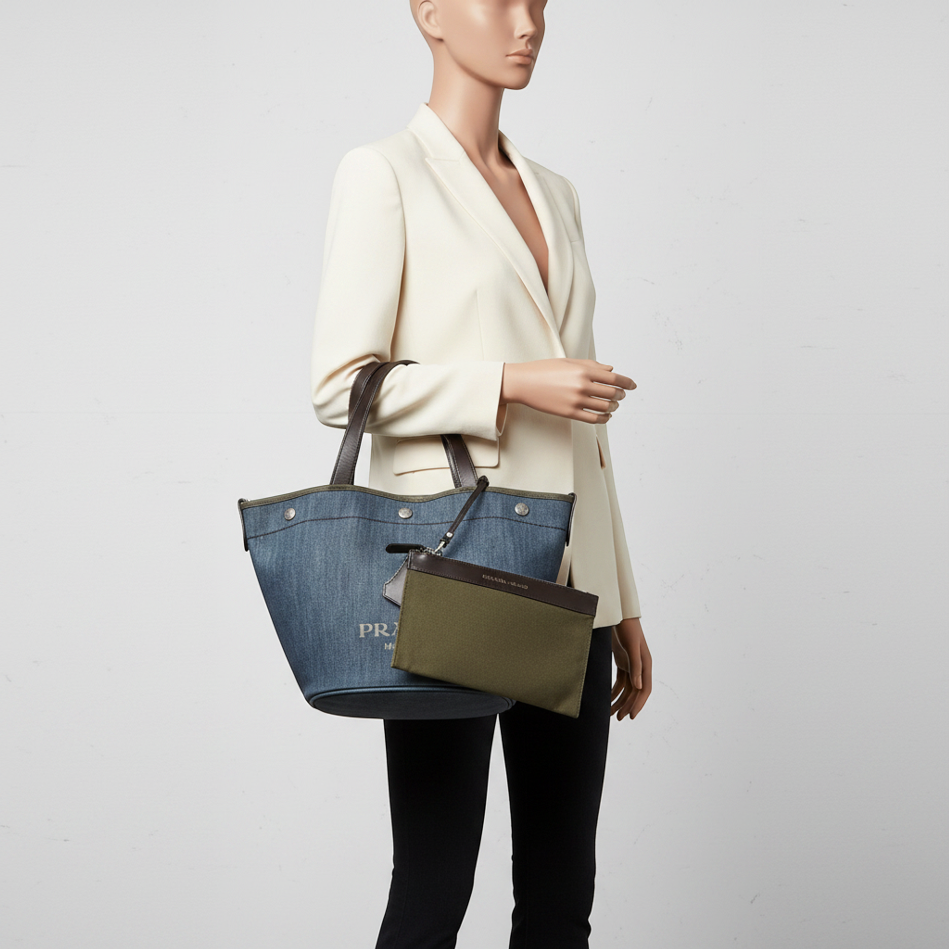 Prada 1BG244 Women's Denim,Leather Shoulder Bag,Tote Bag Navy