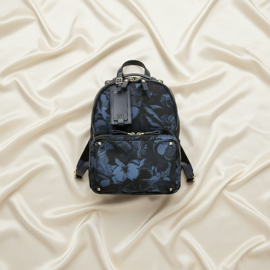 Valentino Garavani Lockstuds Butterfly Women's Nylon,Leather Backpack Blue,Dark Navy