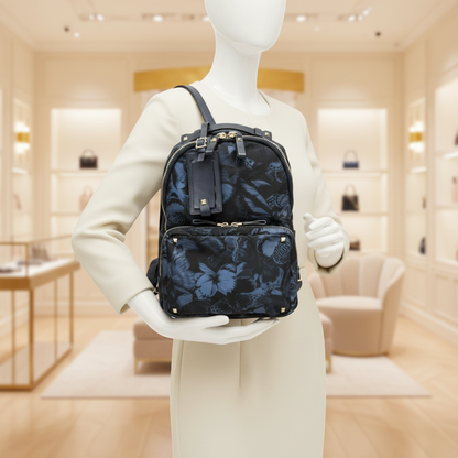 Valentino Garavani Lockstuds Butterfly Women's Nylon,Leather Backpack Blue,Dark Navy