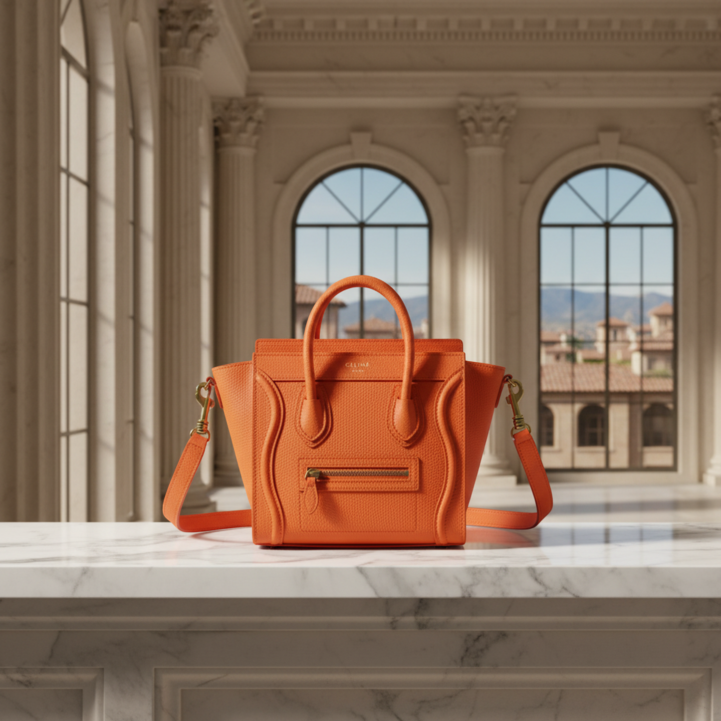 Celine Luggage Nano Women's Leather Handbag,Shoulder Bag Neon Orange