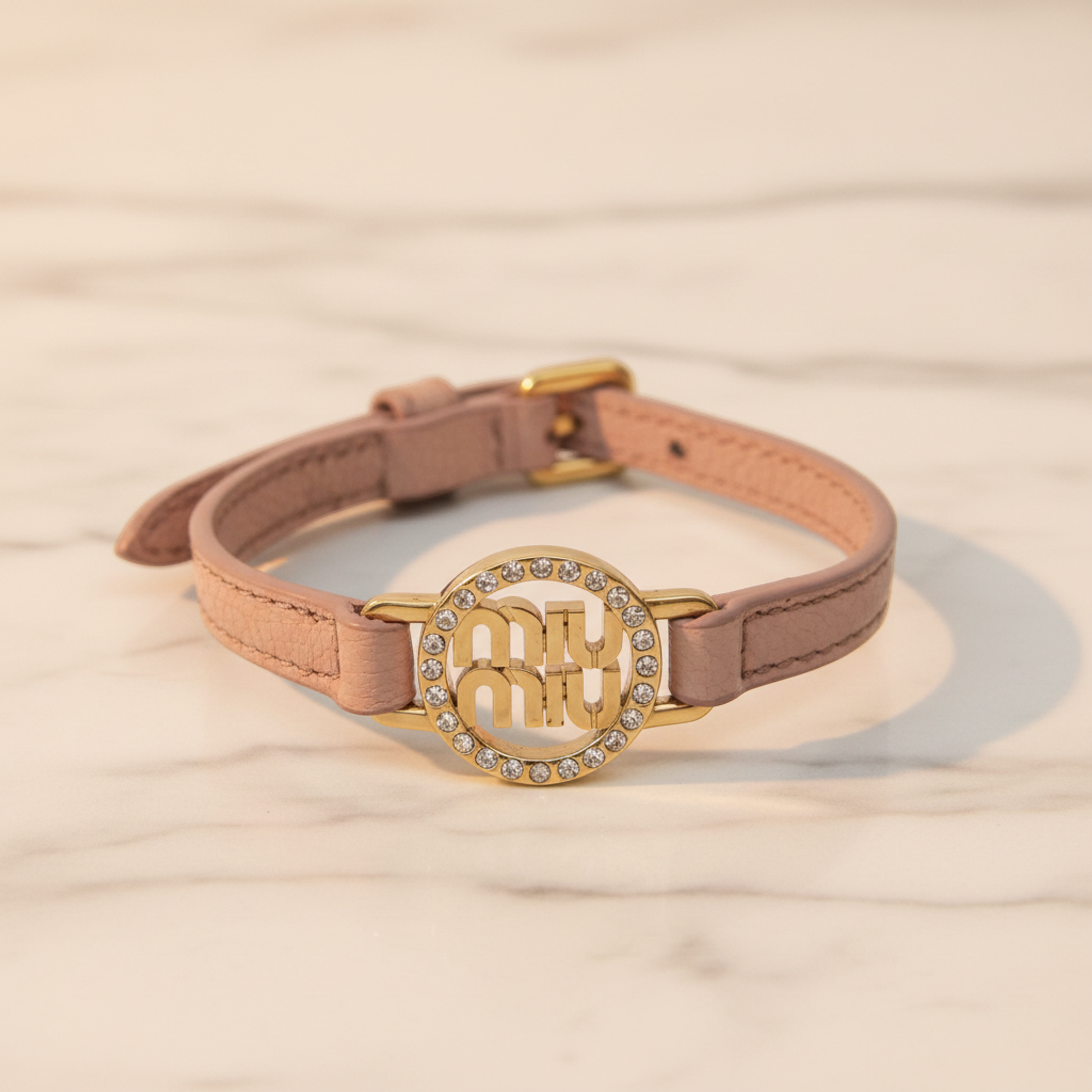 Miu Miu MADRAS Leather,Metal Rhinestone Charm Bracelet Light Pink