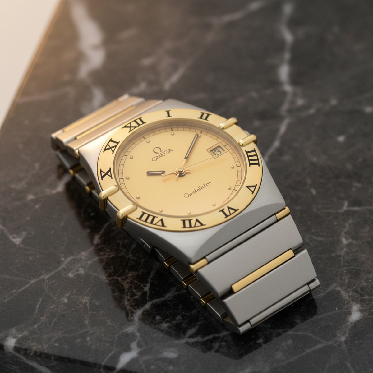 OMEGA Constellation 18K Gold Steel Quartz Mens Watch 396.1070 Polished