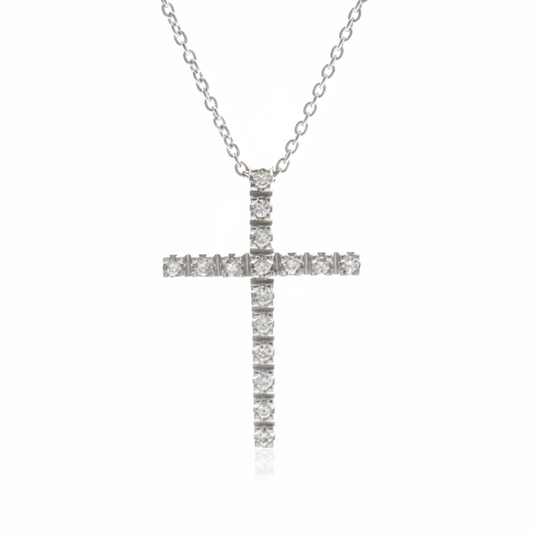 Star Jewelry Diamond Cross Necklace White Gold (18K) Diamond Women's Fashion Necklace (Silver)