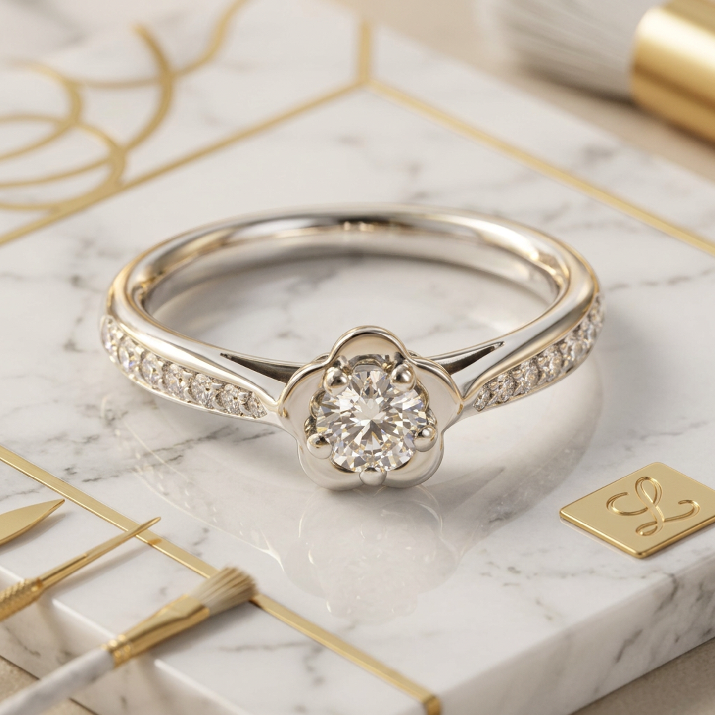 Chanel Camellia Diamond Engagement Ring Platinum Fashion Diamond Band Ring Carat/0.25 Silver