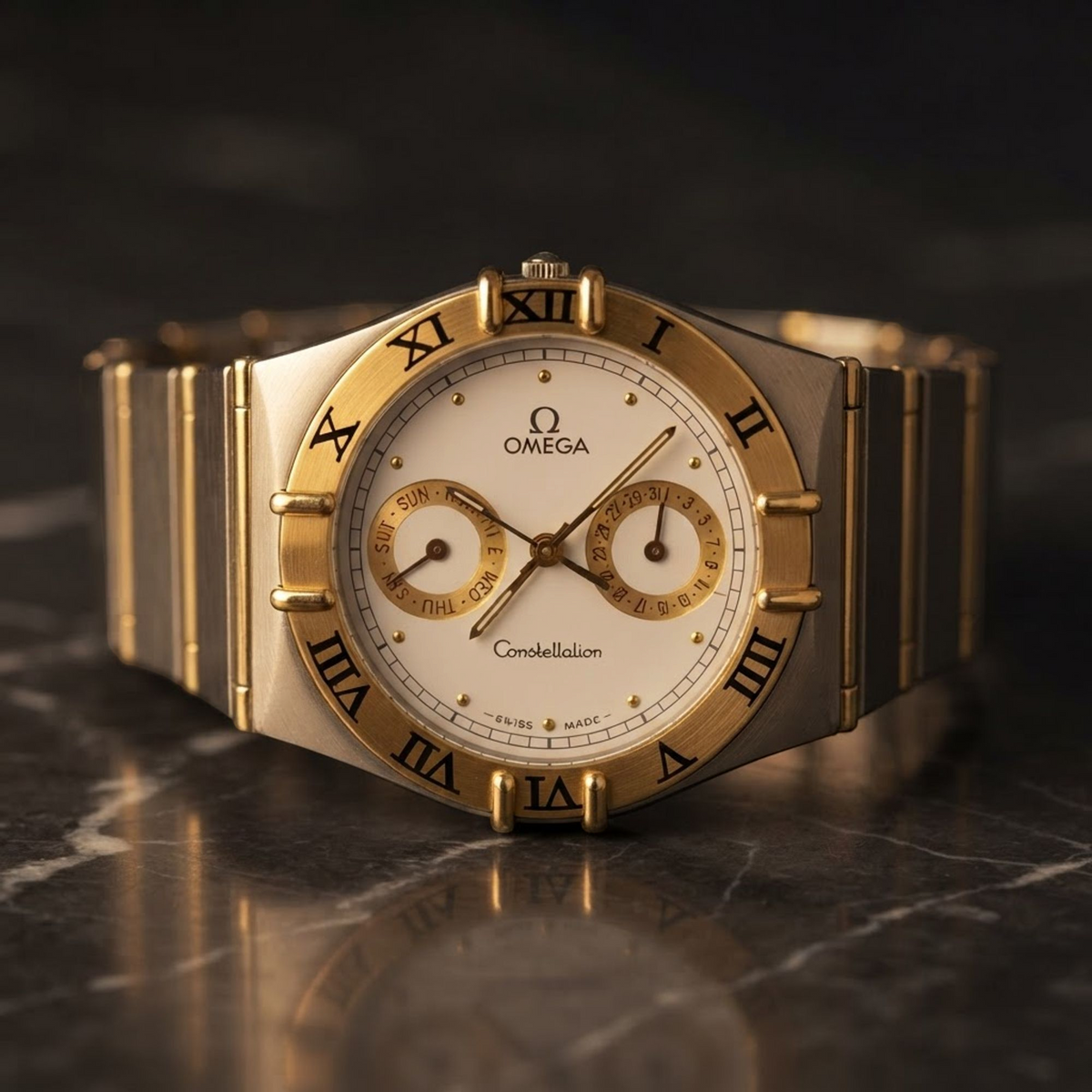 OMEGA Constellation Day Date 18K Gold Steel Quartz Mens Watch 396.1070 Polished