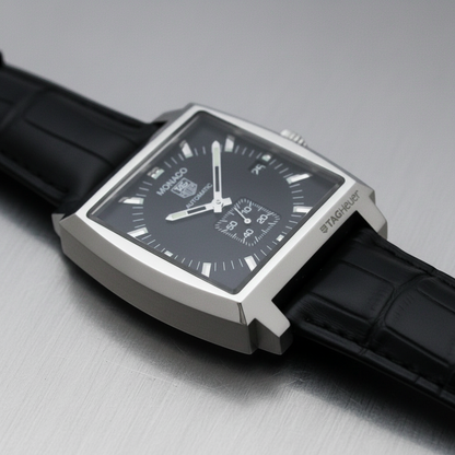 TAG Heuer Monaco Steel Leather Automatic Mens Watch WW2110 Polished