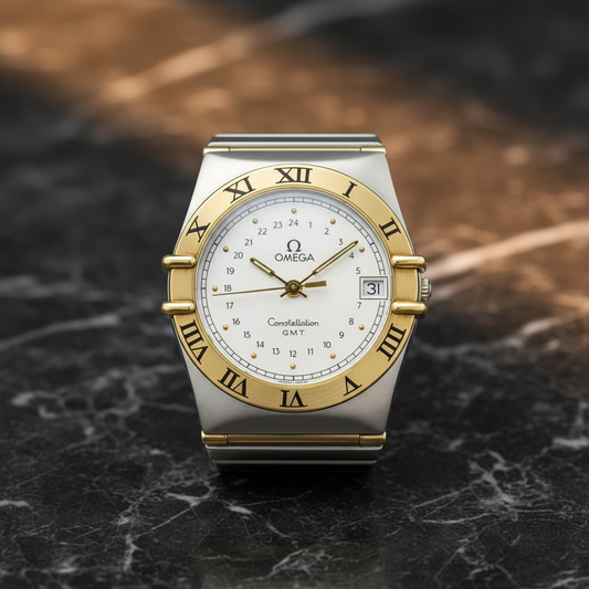 OMEGA Constellation GMT 18K Gold Steel Quartz Mens Watch 396.1060 Polished