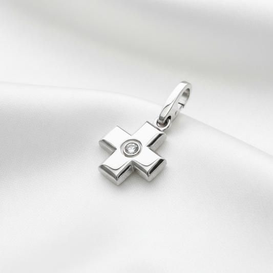 Cartier Cross Pendant Top With 1 Diamond White Gold (18K) Diamond Women,Men Fashion Pendant Necklace (Silver)