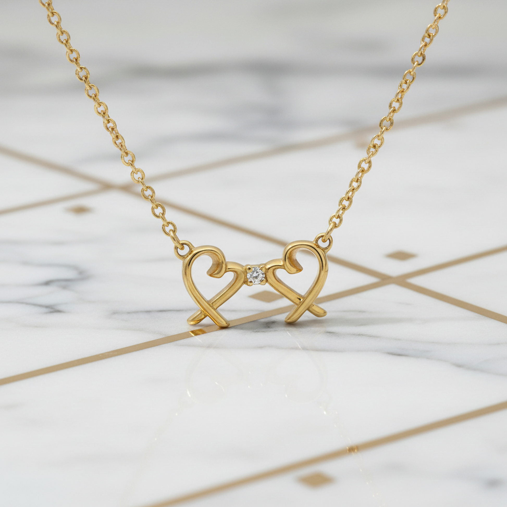 Tiffany Double Loving Heart Necklace With 1 Diamond Yellow Gold (18K) Diamond Men,Women Fashion Necklace (Gold)