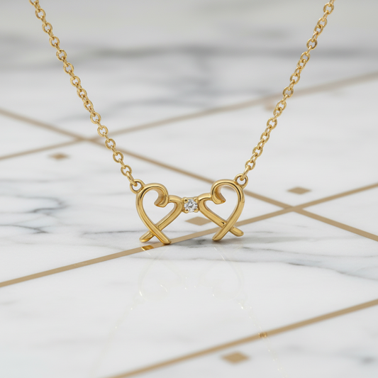 Tiffany Double Loving Heart Necklace With 1 Diamond Yellow Gold (18K) Diamond Men,Women Fashion Necklace (Gold)