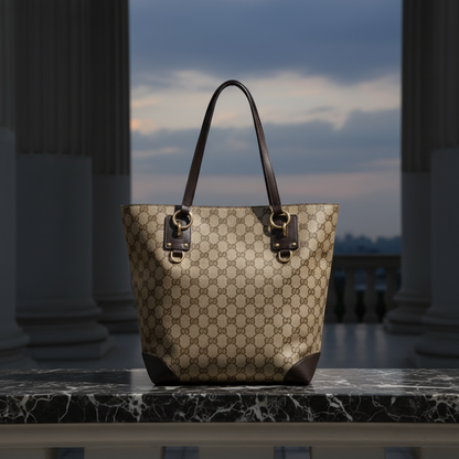Gucci GG Crystal 353706 Women's PVC,Leather Tote Bag Beige,Dark Brown