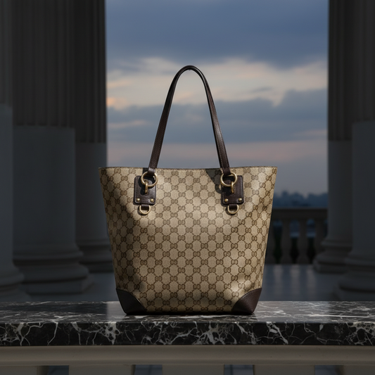 Gucci GG Crystal 353706 Women's PVC,Leather Tote Bag Beige,Dark Brown
