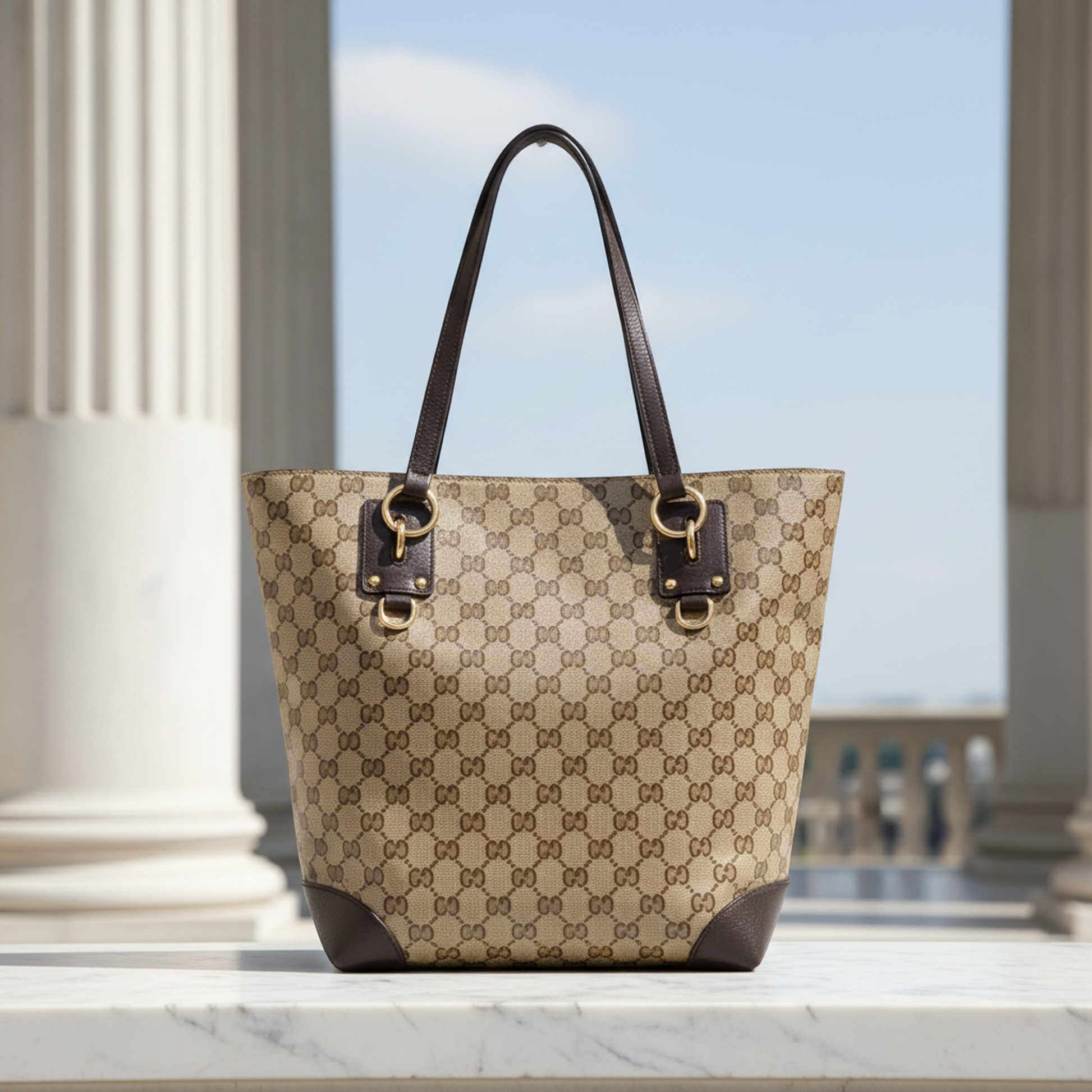 Gucci GG Crystal 353706 Women's PVC,Leather Tote Bag Beige,Dark Brown
