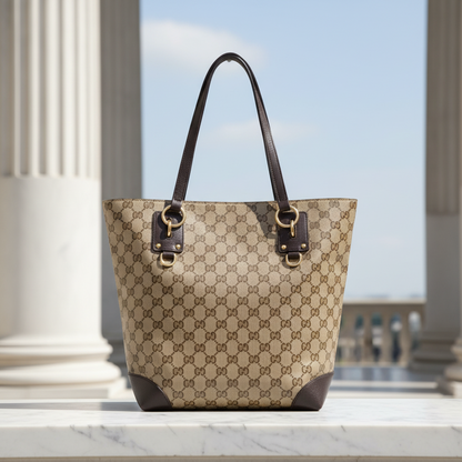 Gucci GG Crystal 353706 Women's PVC,Leather Tote Bag Beige,Dark Brown