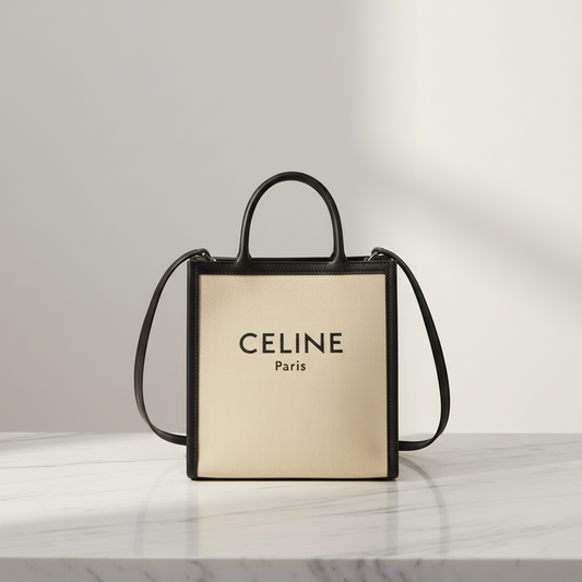 Celine Small Vertical Cobas 192082BNZ Women's Canvas,Leather Handbag,Shoulder Bag,Tote Bag Beige,Black