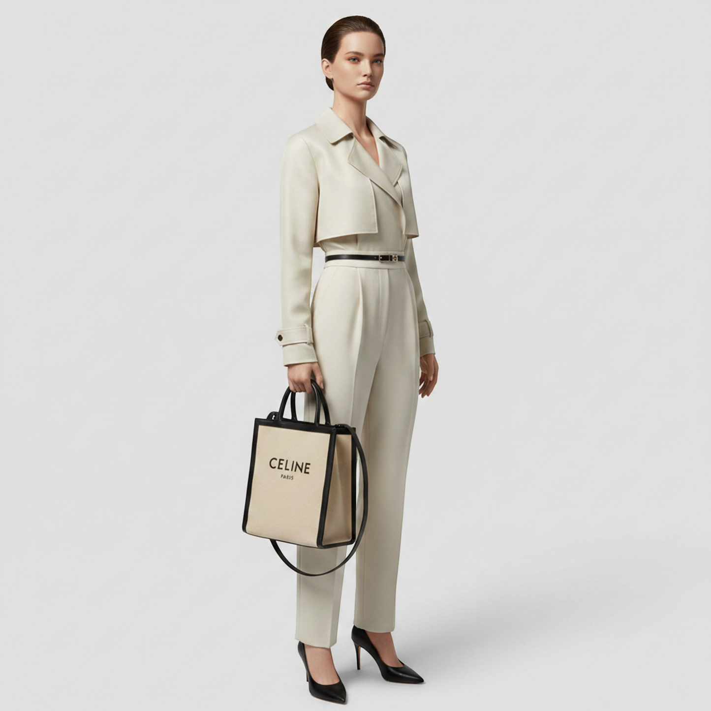 Celine Small Vertical Cobas 192082BNZ Women's Canvas,Leather Handbag,Shoulder Bag,Tote Bag Beige,Black