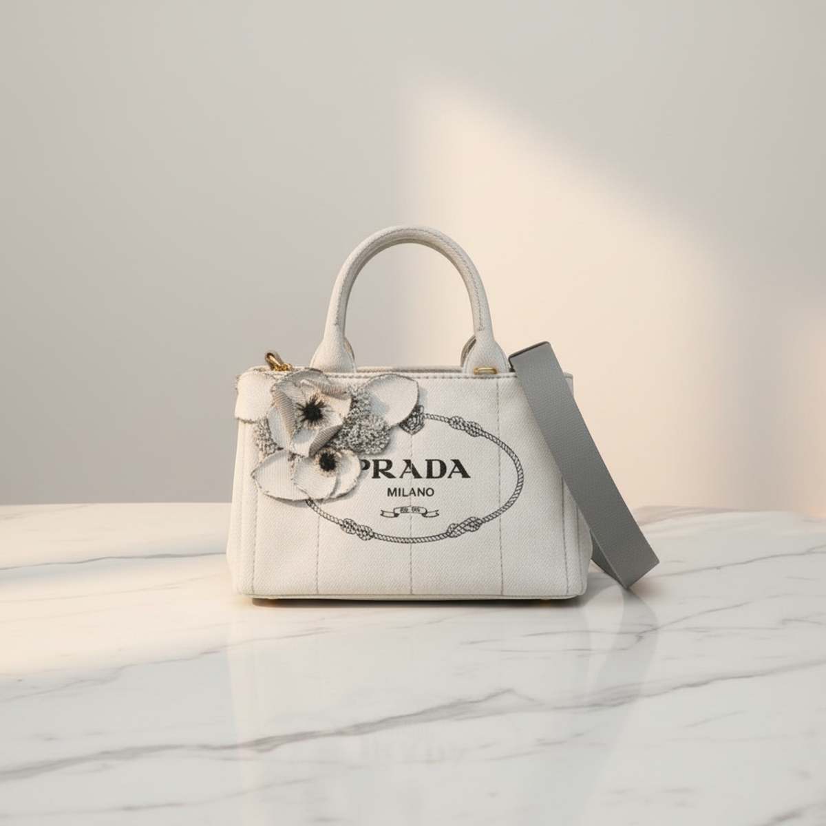 Prada Canapa Flower Corsage 1BG439 Women's Denim Handbag,Shoulder Bag White