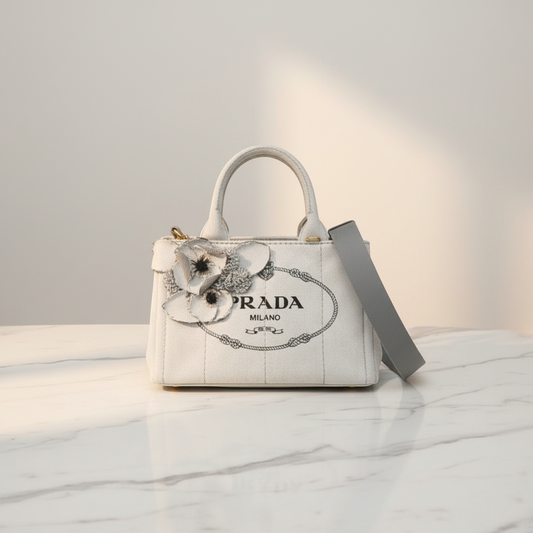 Prada Canapa Flower Corsage 1BG439 Women's Denim Handbag,Shoulder Bag White
