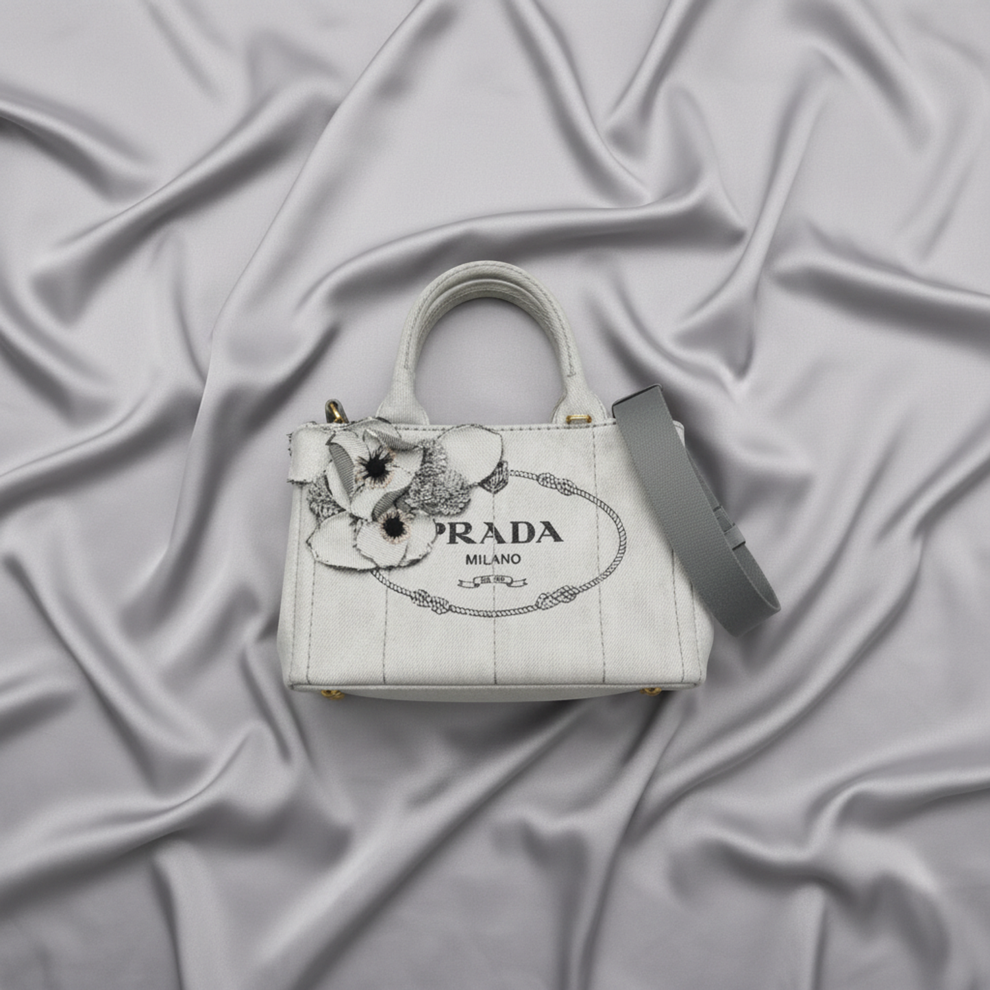 Prada Canapa Flower Corsage 1BG439 Women's Denim Handbag,Shoulder Bag White