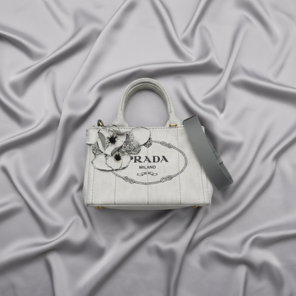 Prada Canapa Flower Corsage 1BG439 Women's Denim Handbag,Shoulder Bag White
