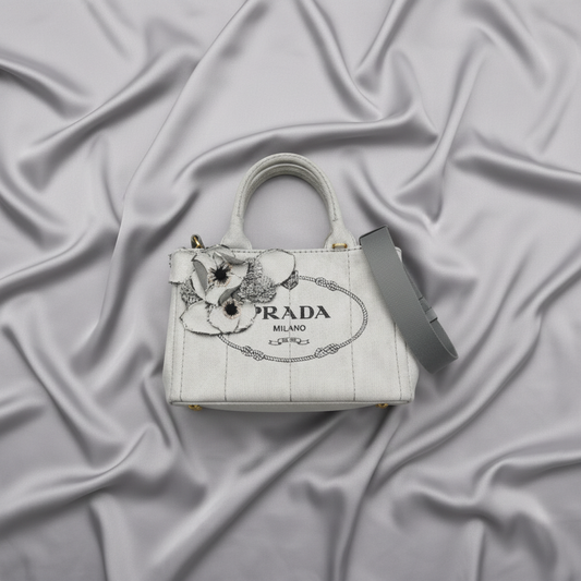 Prada Canapa Flower Corsage 1BG439 Women's Denim Handbag,Shoulder Bag White