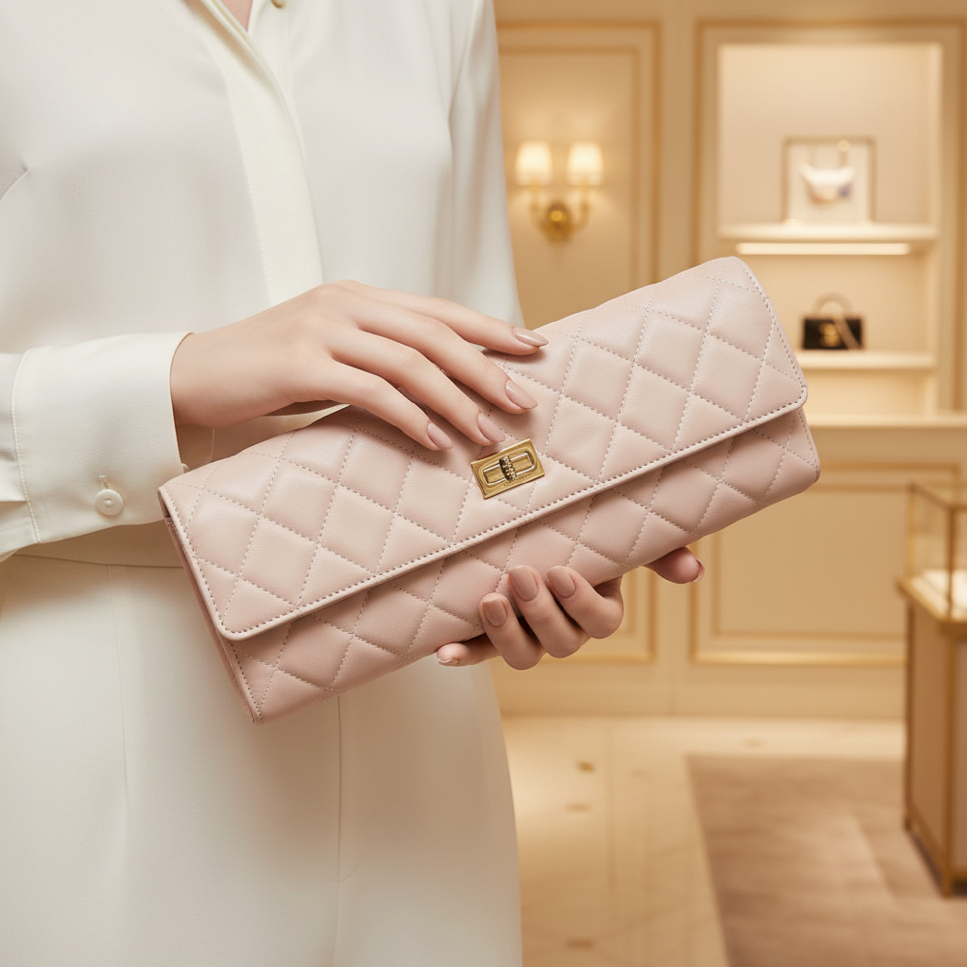 Chanel Matelasse 2.55 Jewelry Case Women's Leather Clutch Bag Light Pink