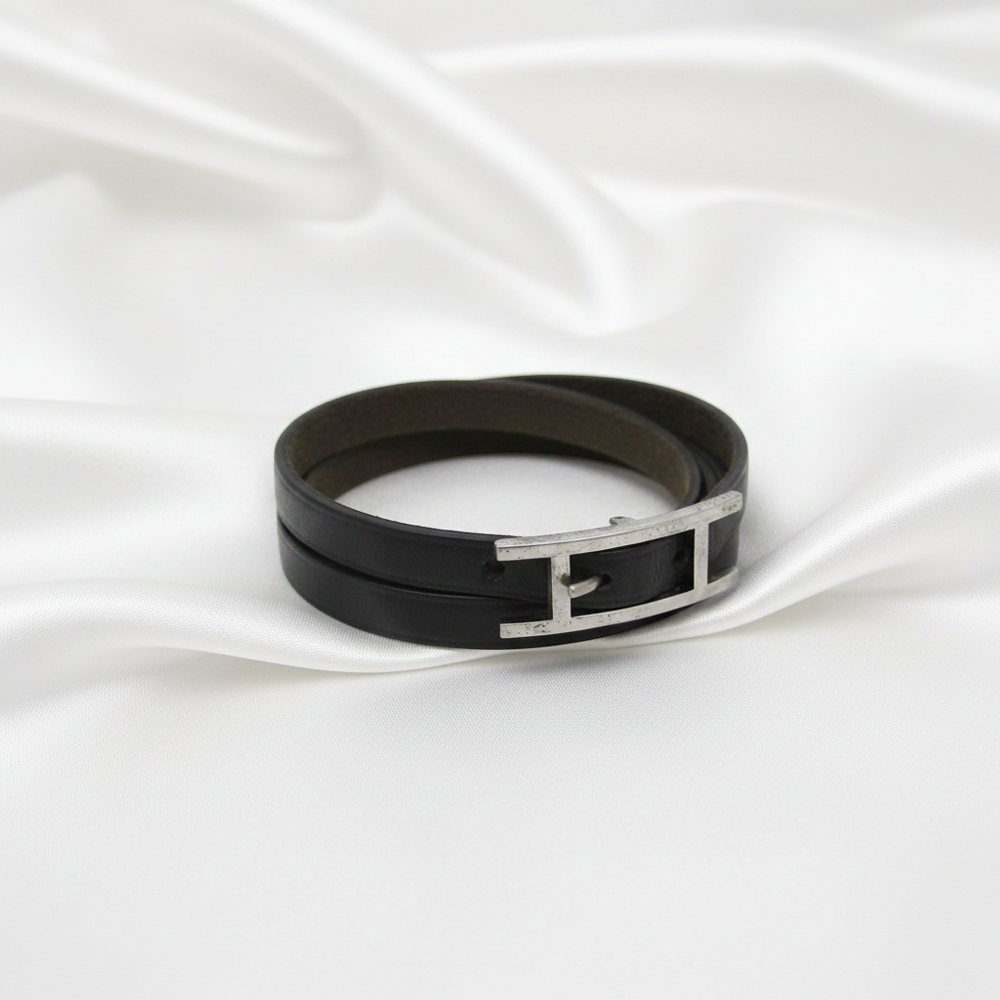 Hermes Hapi 4-row Bracelet Choker Leather,Metal Bangle Silver,Black