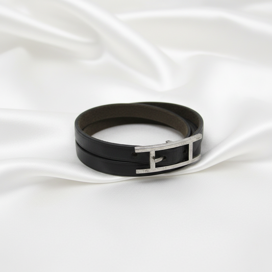 Hermes Hapi 4-row Bracelet Choker Leather,Metal Bangle Silver,Black
