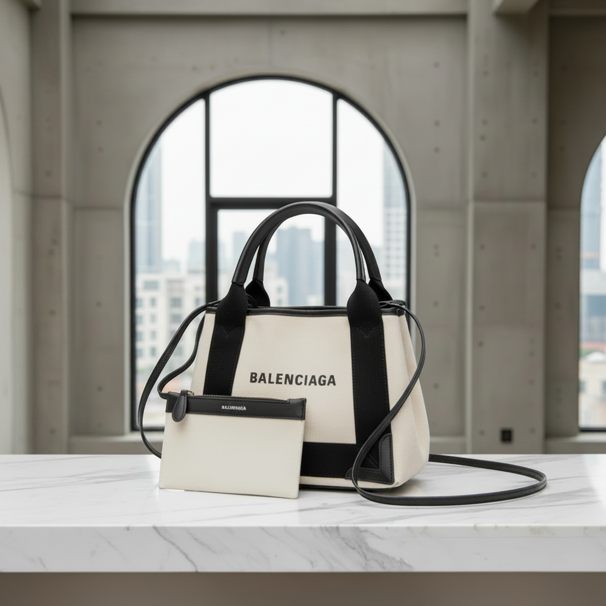 Balenciaga Navy Cabas XS 390346 Women's Canvas,Leather Handbag,Shoulder Bag Black,Cream