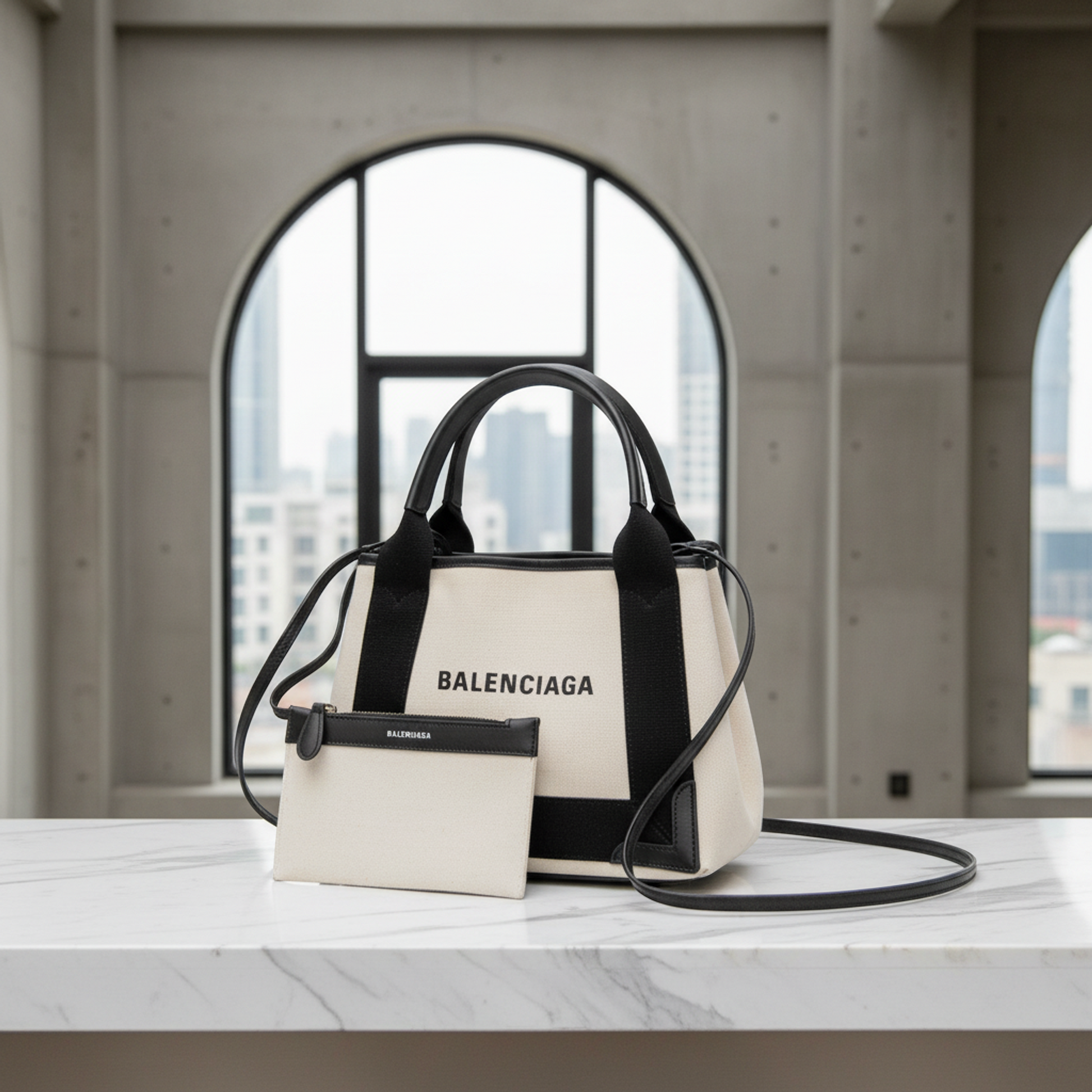 Balenciaga Navy Cabas XS 390346 Women's Canvas,Leather Handbag,Shoulder Bag Black,Cream