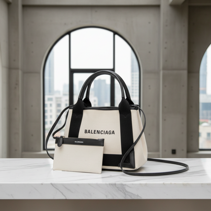 Balenciaga Navy Cabas XS 390346 Women's Canvas,Leather Handbag,Shoulder Bag Black,Cream