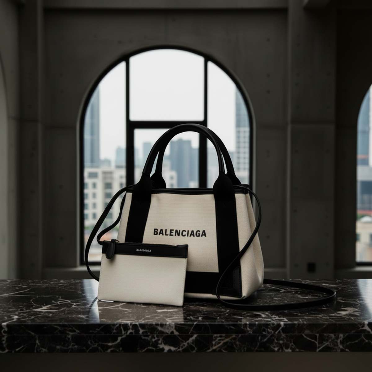 Balenciaga Navy Cabas XS 390346 Women's Canvas,Leather Handbag,Shoulder Bag Black,Cream