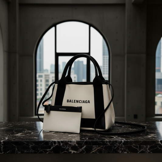 Balenciaga Navy Cabas XS 390346 Women's Canvas,Leather Handbag,Shoulder Bag Black,Cream