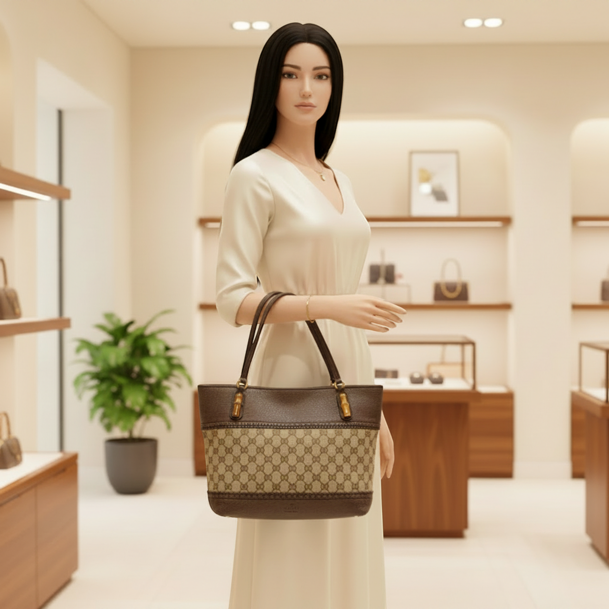 Gucci Bamboo 353125 Women's GG Canvas,Leather Tote Bag Beige,Brown
