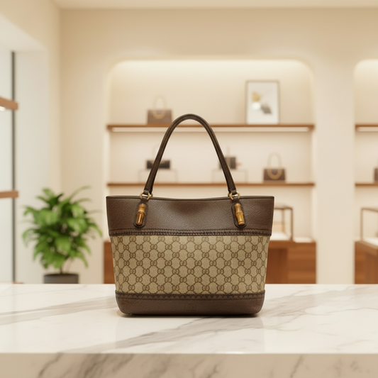 Gucci Bamboo 353125 Women's GG Canvas,Leather Tote Bag Beige,Brown