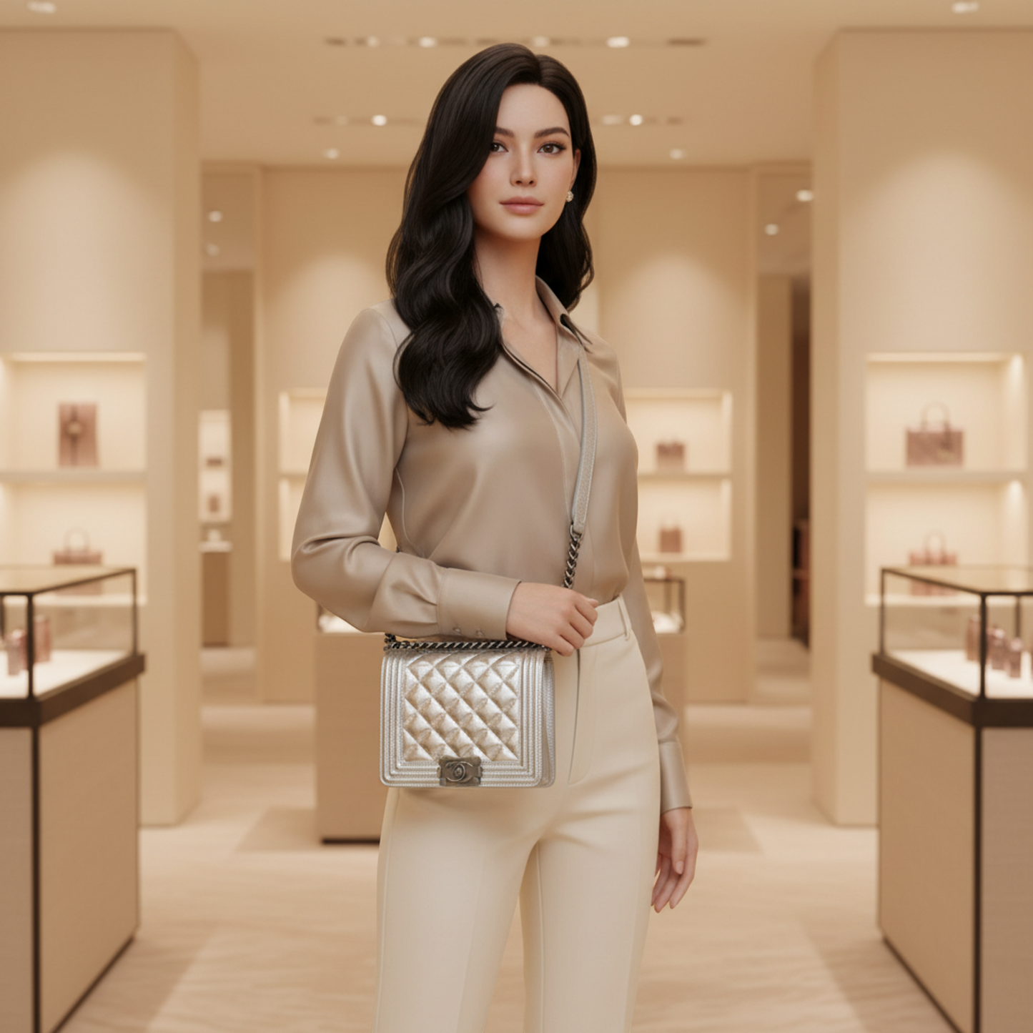 Chanel Boy Chanel North South Chain Shoulder Bag Women's Leather Shoulder Bag Silver
